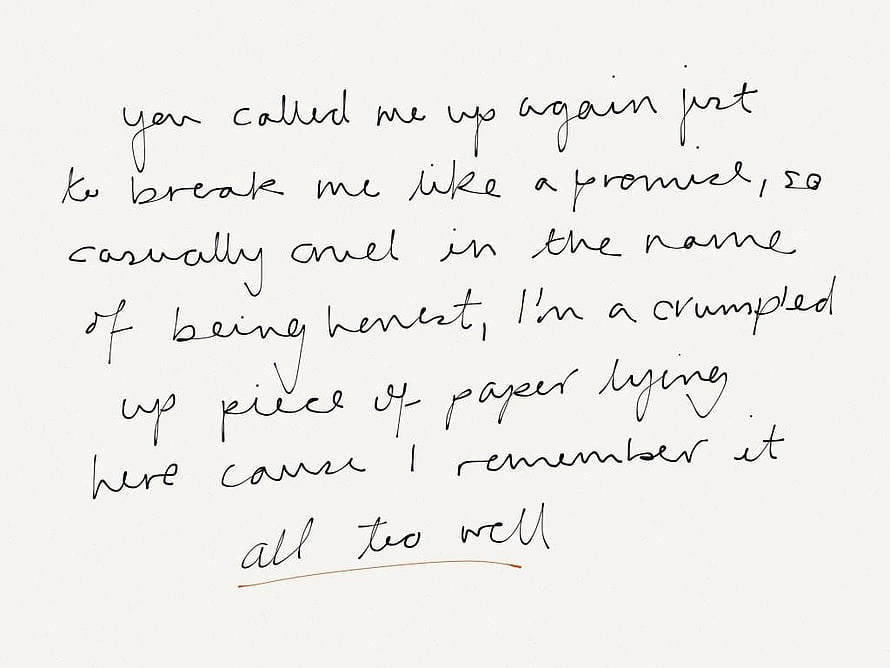 Taylor Swift handwritten lyrics on cream paper with elegant cursive script and warm orange underline accent HD wallpaper