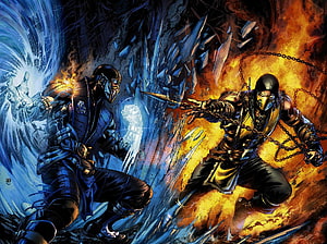 Mortal Kombat Scorpion and Sub-Zero Epic Ice and Fire Combat Illustration HD wallpaper
