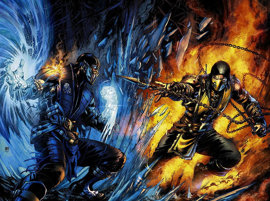 Mortal Kombat Scorpion and Sub-Zero Epic Ice and Fire Combat Illustration HD wallpaper