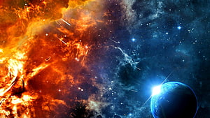 Vibrant Cosmic Nebula and Distant Blue Planet in Deep Space HD wallpaper