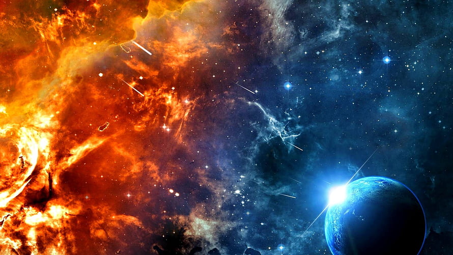 Vibrant Cosmic Nebula and Distant Blue Planet in Deep Space HD wallpaper