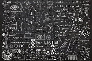 Hand-drawn science formulas and diagrams on a black chalkboard background HD wallpaper
