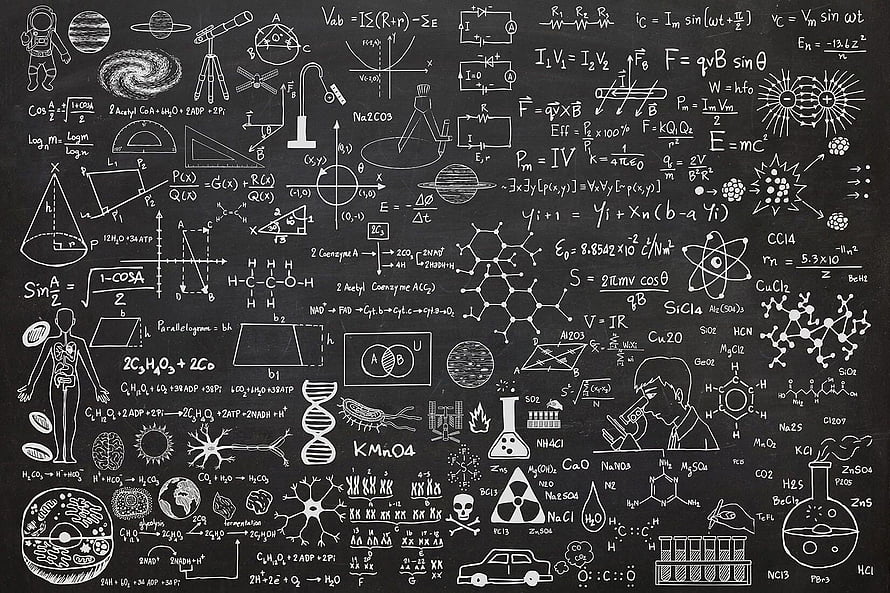 Hand-drawn science formulas and diagrams on a black chalkboard background HD wallpaper