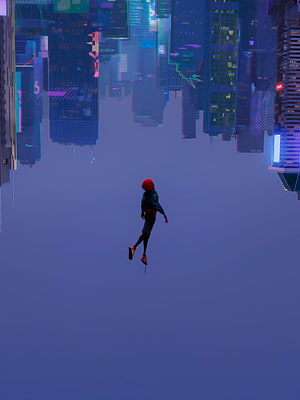 Miles Morales swinging upside down through a neon-lit futuristic cityscape in Spider-Verse style HD phone wallpaper