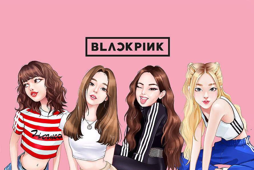 Cute Illustrated Blackpink Members on Pink Background HD wallpaper