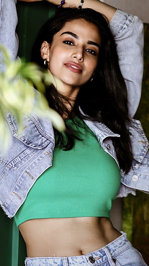 Meenakshi Chaudhary in Green Crop Top and Denim Jacket HD phone wallpaper
