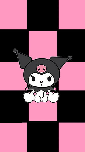 Kuromi Cartoon Character on Pink and Black Checkerboard Pattern Background HD phone wallpaper