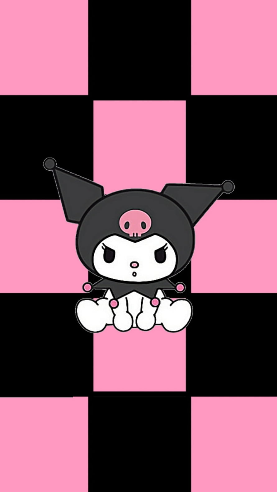 Kuromi Cartoon Character on Pink and Black Checkerboard Pattern Background HD phone wallpaper