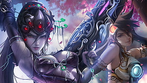 Overwatch Widowmaker and Tracer Character Art with Ornate Weapons and Cherry Blossoms HD wallpaper