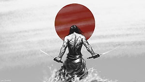Miyamoto Musashi Dual Wielding Katana Before Red Sun in Misty Water HD wallpaper