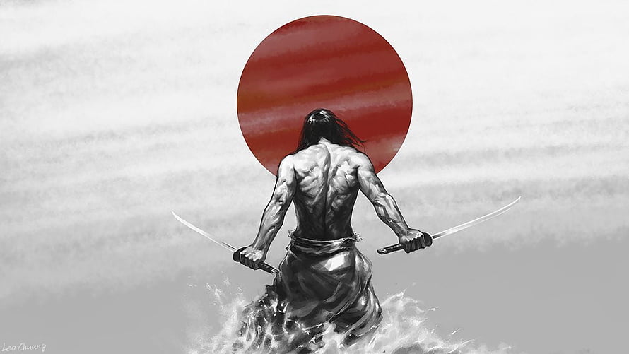 Miyamoto Musashi Dual Wielding Katana Before Red Sun in Misty Water HD wallpaper