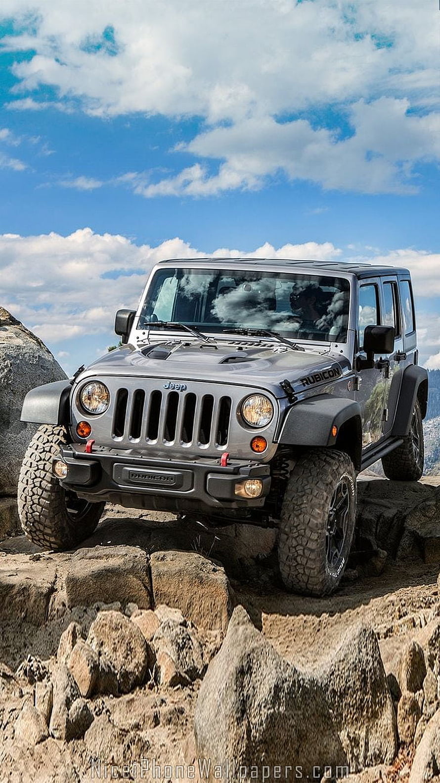 Silver Jeep Wrangler Rubicon Off-Road on Rocky Terrain Under Blue Sky HD phone wallpaper