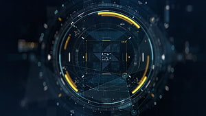 Futuristic Digital HUD Interface with Yellow and Blue Accents on Dark Background HD wallpaper