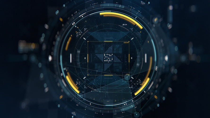 Futuristic Digital HUD Interface with Yellow and Blue Accents on Dark Background HD wallpaper