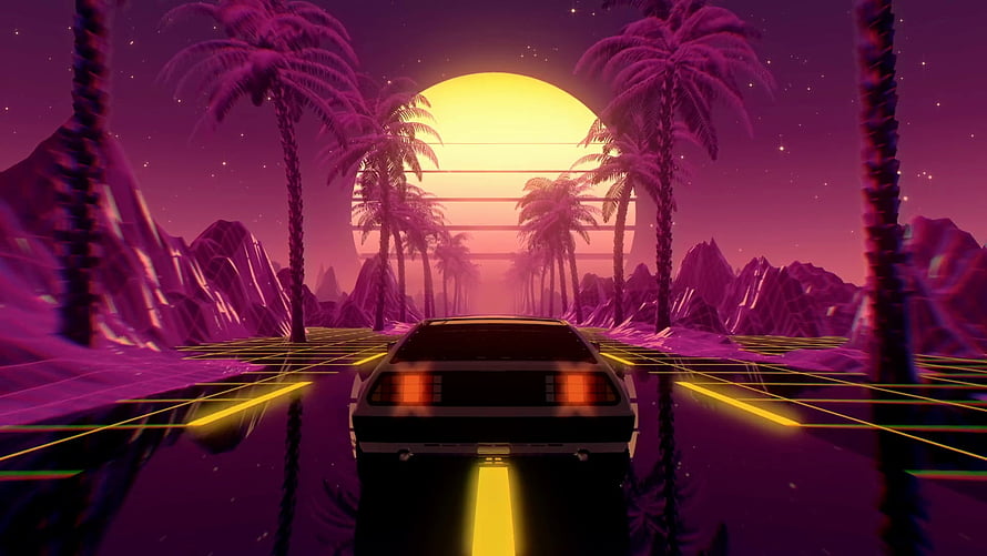 Retro Futuristic Car Driving Through Neon Palm Tree Landscape With Synthwave Sunset Grid HD wallpaper