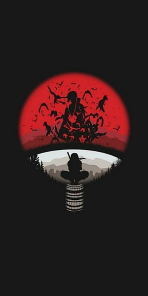 Uchiha Clan Crest Silhouette with Red Moon and Crow Motifs HD phone wallpaper