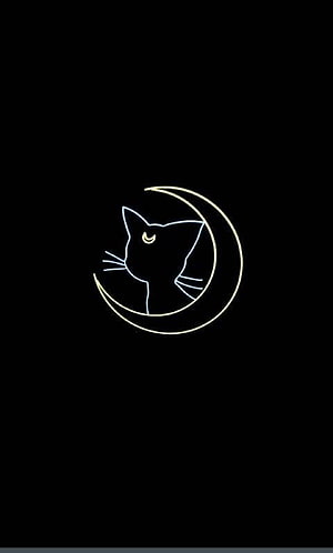 Minimalist Neon Cat and Crescent Moon Line Art on Black Background HD phone wallpaper