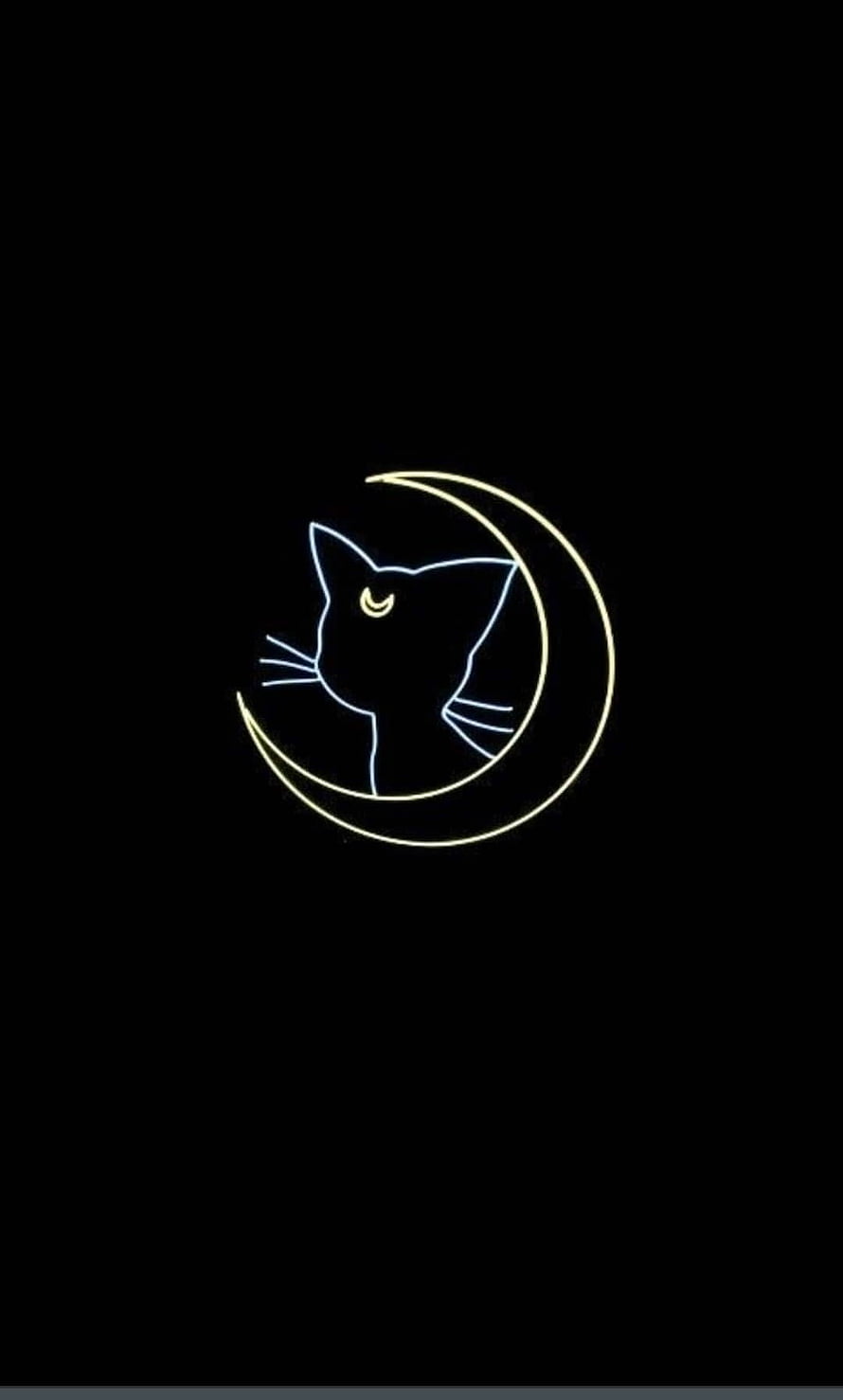 Minimalist Neon Cat and Crescent Moon Line Art on Black Background HD phone wallpaper