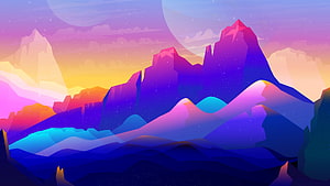Vibrant Low Poly Mountain Landscape at Sunrise with Gradient Sky and Celestial Bodies HD wallpaper