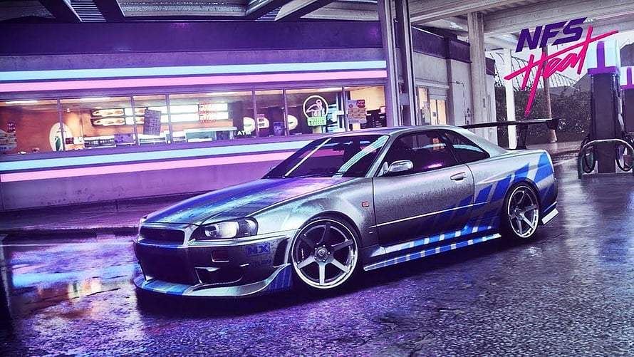Nissan Skyline GT-R R34 in Need for Speed Heat with Neon Night City Setting HD wallpaper