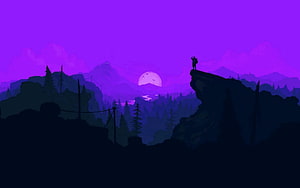 Firewatch Purple Mountain Landscape with Silhouetted Hiker and Moon HD wallpaper