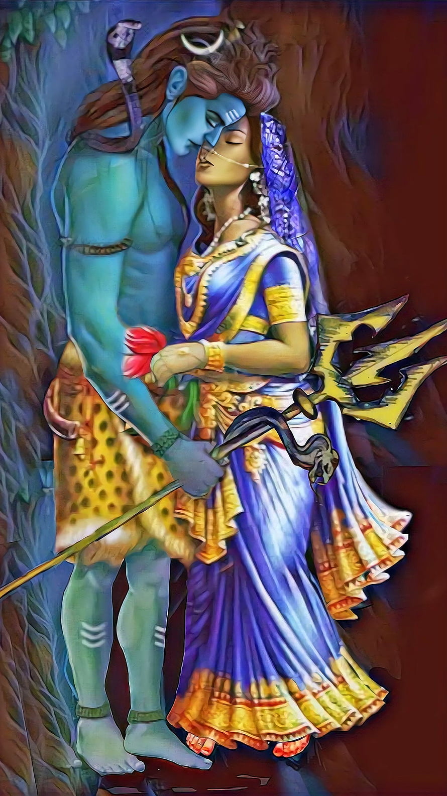 Shiva and Parvati Embracing in a Serene Forest Setting with Trishula and Lotus HD phone wallpaper