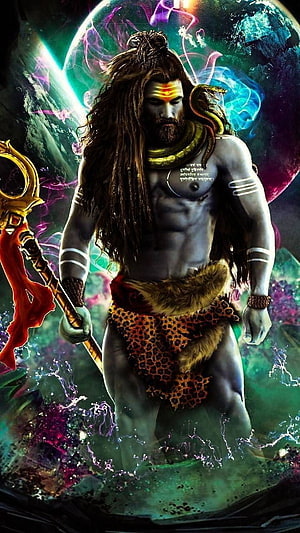 Lord Shiva Mahakal Digital Art with Trishul and Cosmic Nebula Background HD phone wallpaper