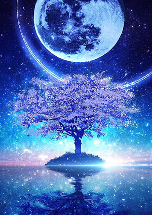 Dreamy Night Sky with Glowing Moon, Starry Galaxy, and a Silhouetted Tree on a Floating Island HD phone wallpaper