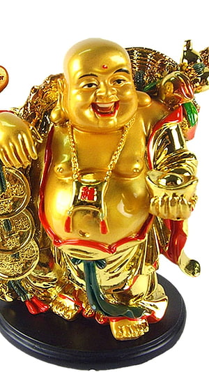 Golden Laughing Buddha Statue with Coins and Satchel on Black Base HD phone wallpaper