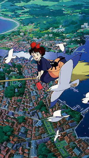 Kiki's Delivery Service: Kiki and Jiji Flying Over a Coastal Town on a Broomstick HD phone wallpaper