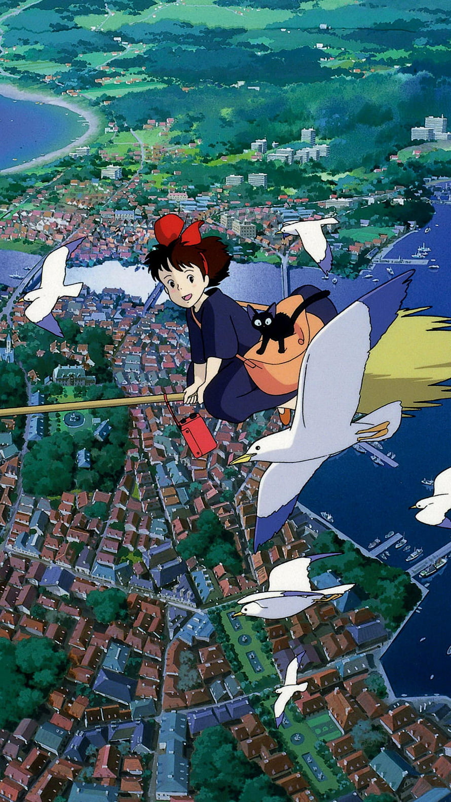 Kiki's Delivery Service: Kiki and Jiji Flying Over a Coastal Town on a Broomstick HD phone wallpaper
