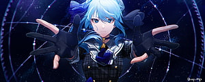 Suisei from Hololive in a dark cosmic setting with outstretched hands and glowing starry background HD wallpaper