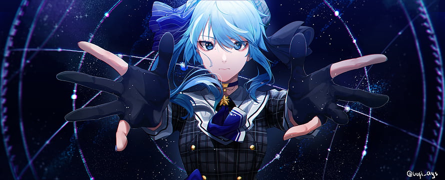 Suisei from Hololive in a dark cosmic setting with outstretched hands and glowing starry background HD wallpaper