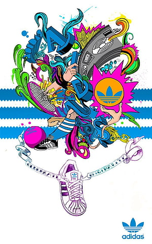 Vibrant Adidas Sneaker Illustration with Graffiti Elements and Brand Logo HD phone wallpaper
