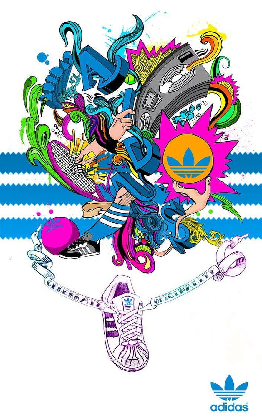 Vibrant Adidas Sneaker Illustration with Graffiti Elements and Brand Logo HD phone wallpaper