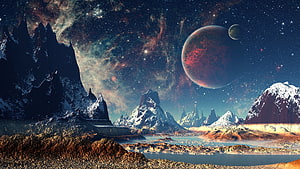 Alien Mountain Landscape with Red Planet and Nebula in Deep Space HD wallpaper