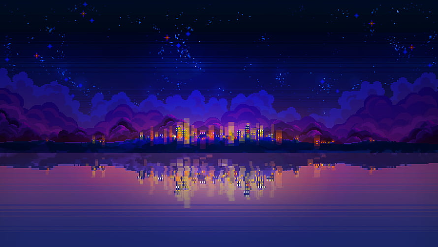 Pixel Art Night Cityscape with Starry Sky and Water Reflection HD wallpaper