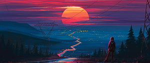 Lone Traveler Gazing at Neon Sunset Over Winding Highway and Distant City Lights HD wallpaper
