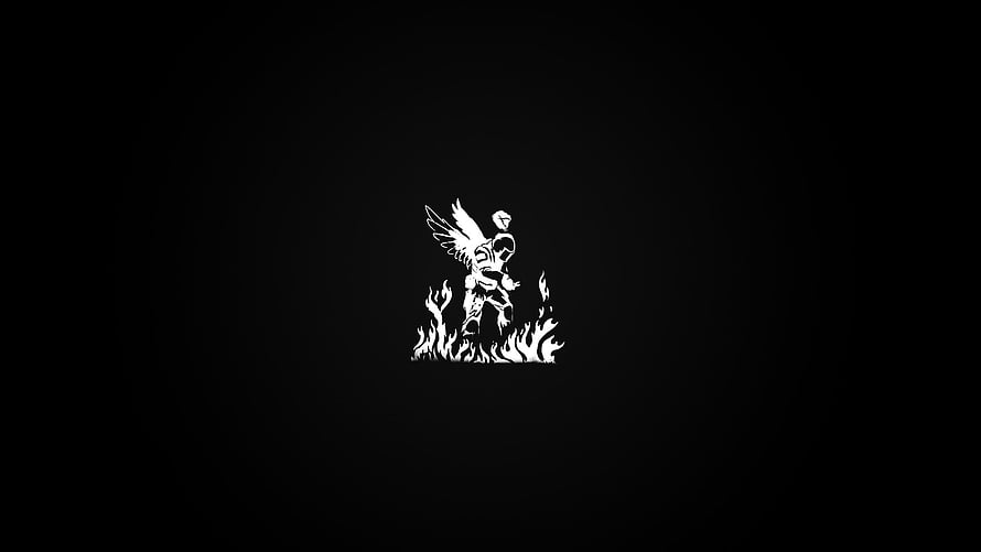 Minimalist White Winged Warrior Silhouette Standing in Flames on Black Background HD wallpaper
