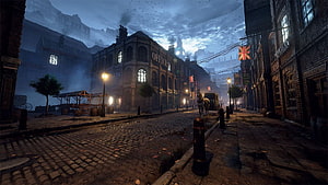 Moody Victorian London Street Scene with Cobblestones and Gas Lamps HD wallpaper