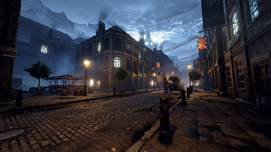 Moody Victorian London Street Scene with Cobblestones and Gas Lamps HD wallpaper