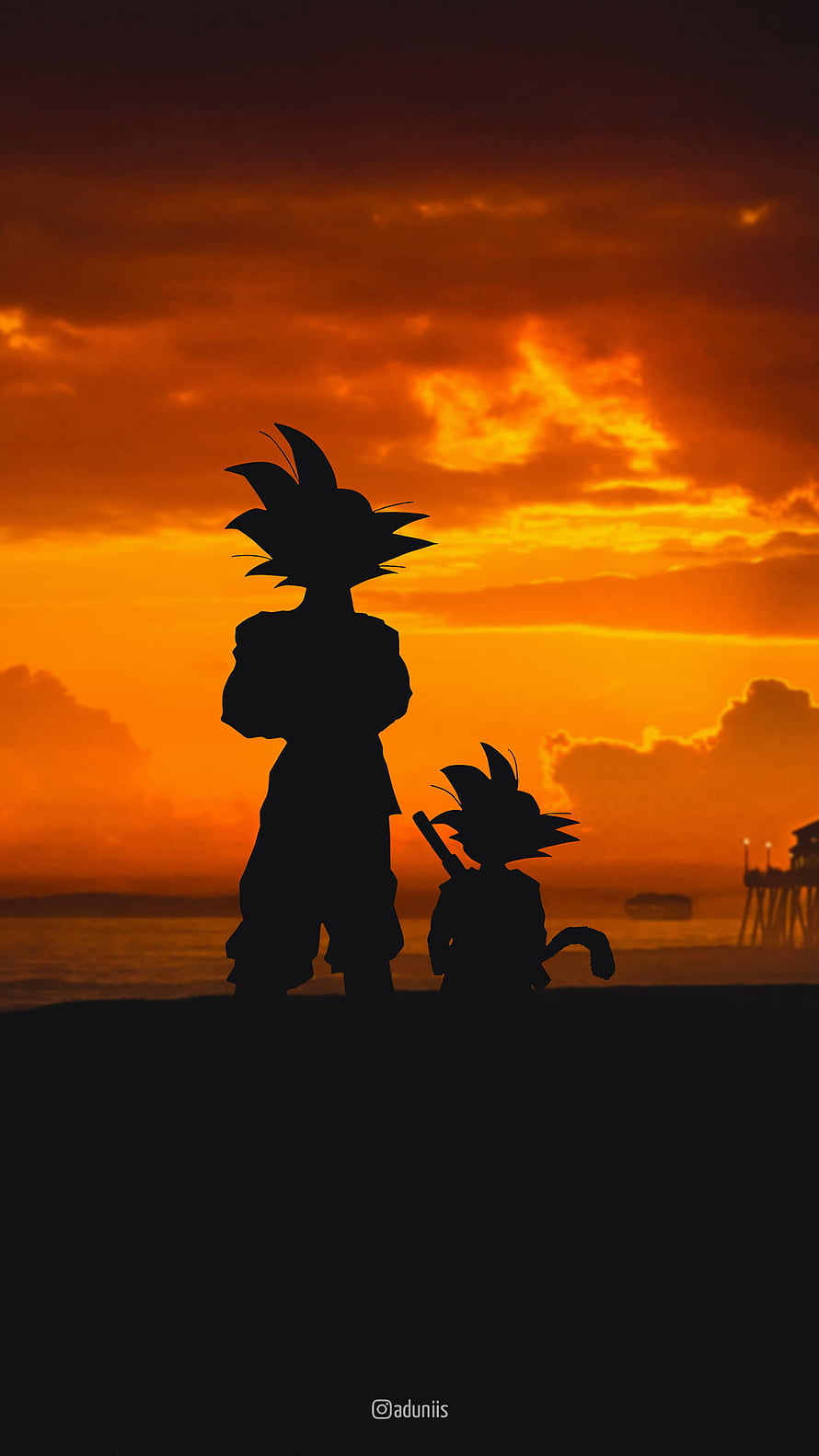 Dragon Ball Z Goku and Gohan Silhouettes at Sunset on the Beach HD phone wallpaper