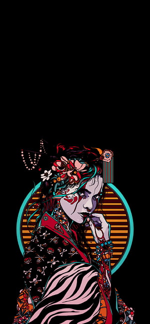 Stylized Geisha Portrait with Floral Hair Ornaments and Skull Patterned Kimono HD phone wallpaper