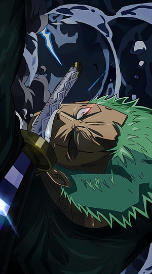 Roronoa Zoro from One Piece in a dramatic dark anime scene with sword and glowing red eye HD phone wallpaper