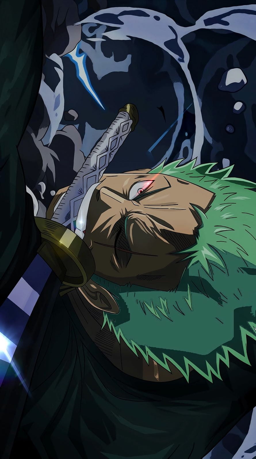Roronoa Zoro from One Piece in a dramatic dark anime scene with sword and glowing red eye HD phone wallpaper
