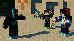 Three Minecraft characters with custom skins standing in a sandy village square HD wallpaper