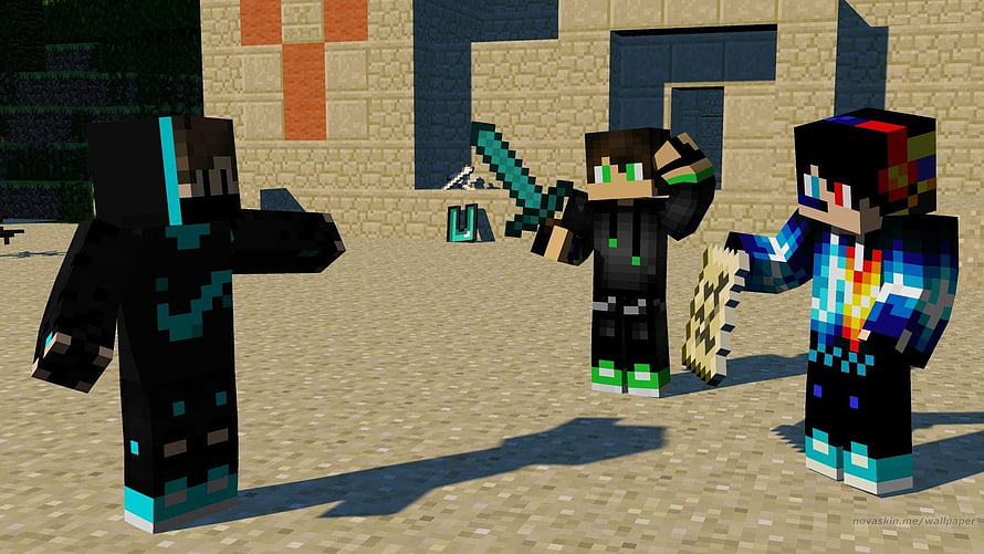 Three Minecraft characters with custom skins standing in a sandy village square HD wallpaper