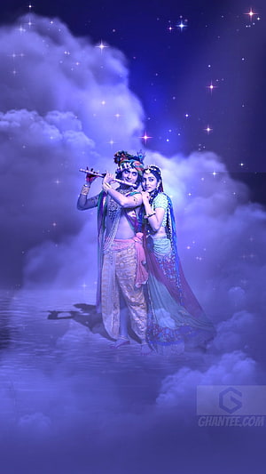 Radha Krishna Playing Flute on Clouds Under a Starry Night Sky HD phone wallpaper