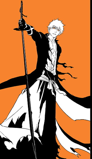 Ichigo Kurosaki in Hollow Form Wielding Zangetsu Against Vibrant Orange Background HD phone wallpaper