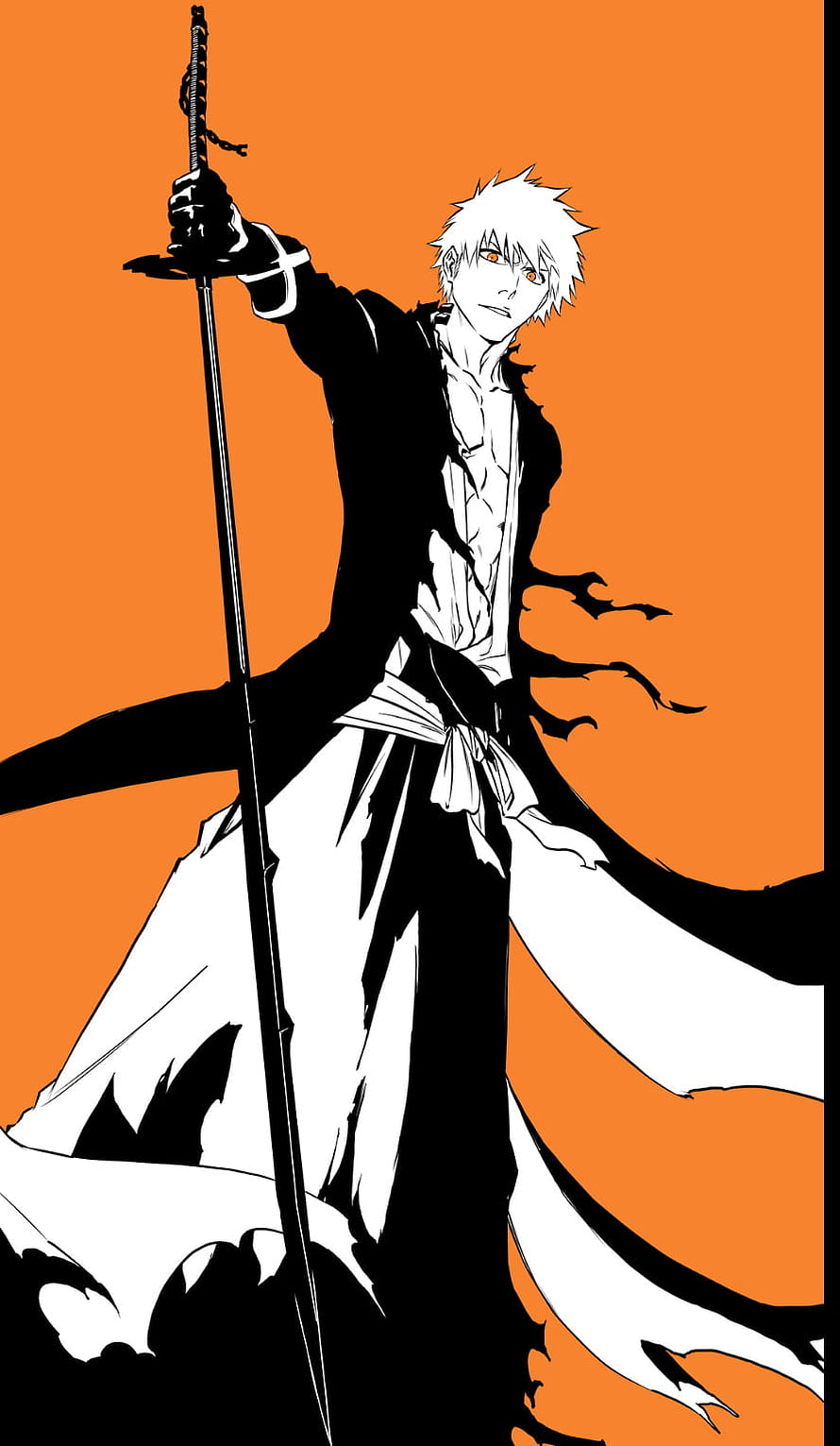 Ichigo Kurosaki in Hollow Form Wielding Zangetsu Against Vibrant Orange Background HD phone wallpaper
